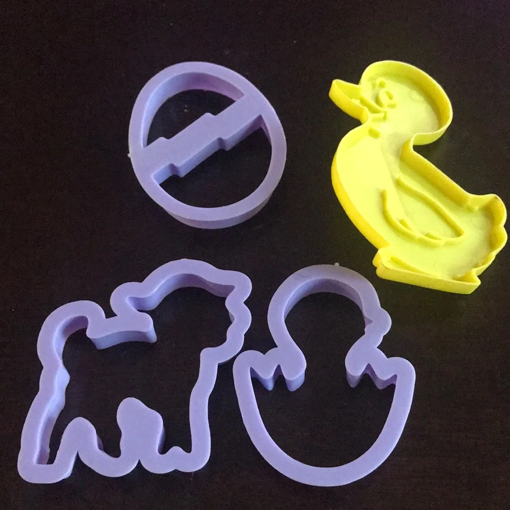 Four Plastic Easter Cookie Cutters Purple Egg Lamb Chick Hatching Yellow Duck